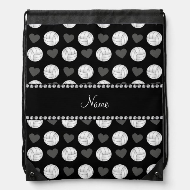 Custom name black volleyballs and hearts drawstring bag (Front)