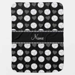 Custom name black volleyballs and hearts swaddle blanket