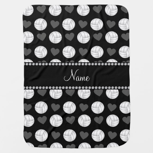 Custom name black volleyballs and hearts swaddle blanket (Front)