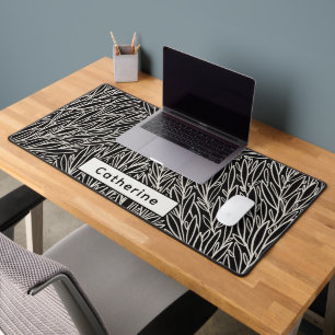 Custom Name Black White Botanical Office Accessory Desk Mat