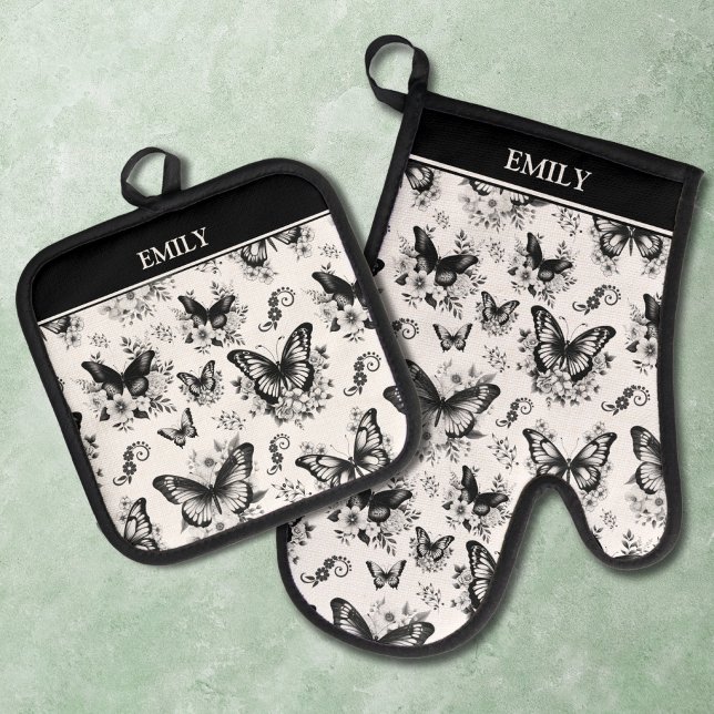Custom Name Black White Butterfly Pattern Oven Mitt & Pot Holder Set (Creator Uploaded)