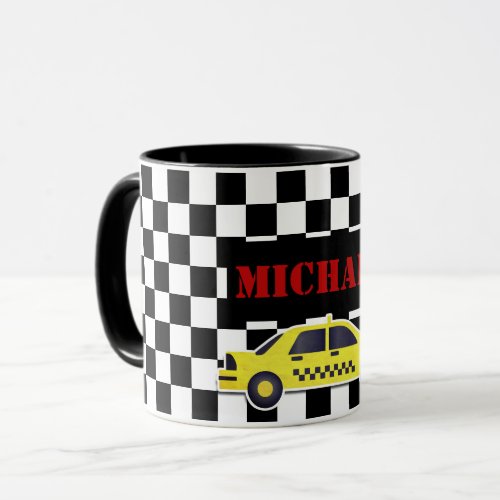 Custom Name BlackWhite Checkerboard Yellow Taxi Mug