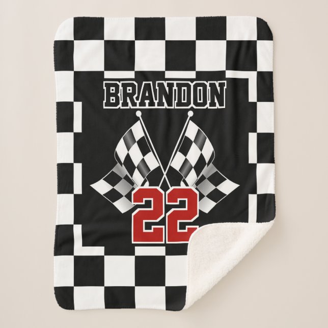 Custom Name Black White Checkered Flags Pattern Sherpa Blanket (Front)