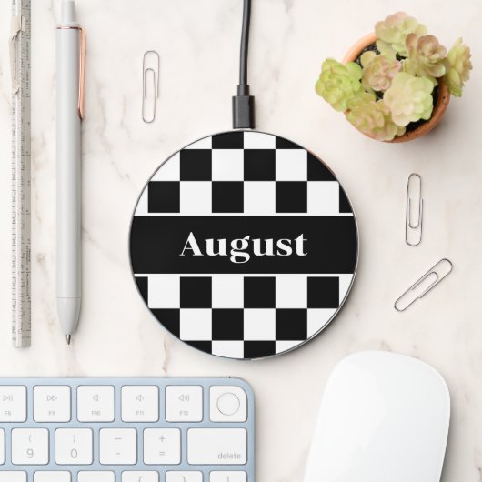Custom Name Black White Checkered Pattern Wireless Charger (Desk)