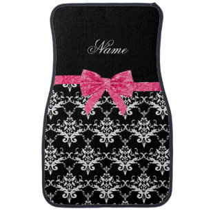 Custom name black white damask pink glitter bow car mat