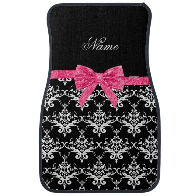 Custom name black white damask pink glitter bow car mat (Front)