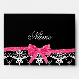 Custom name black white damask pink glitter bow envelope