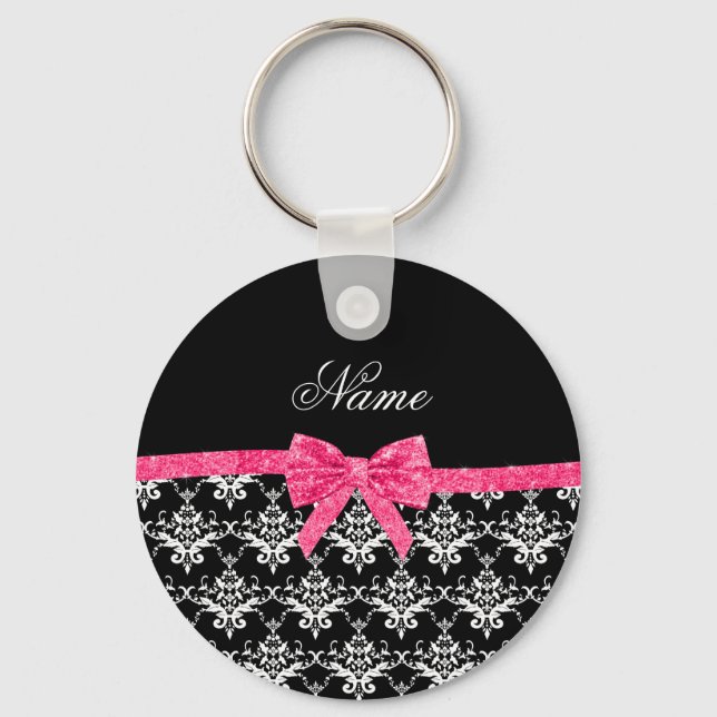 Custom name black white damask pink glitter bow keychain (Front)