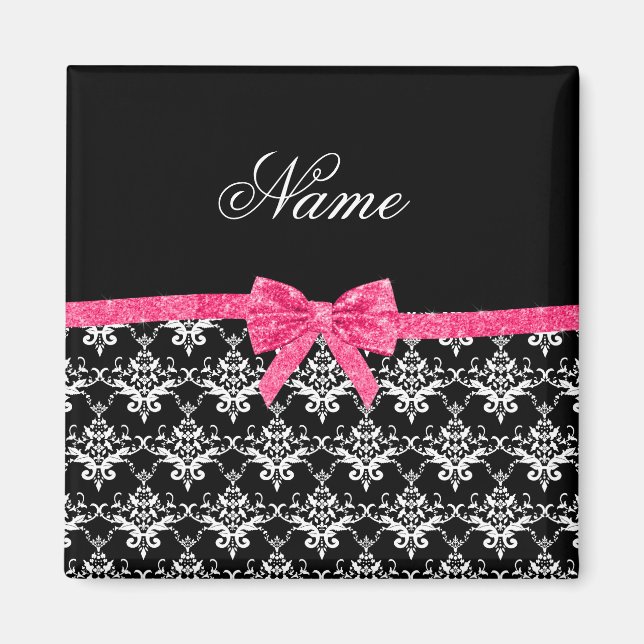 Custom name black white damask pink glitter bow magnet (Front)