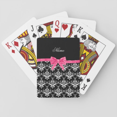 Custom name black white damask pink glitter bow playing cards