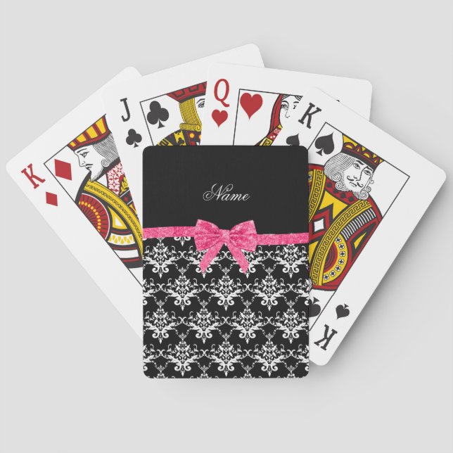 Custom name black white damask pink glitter bow poker cards (Back)