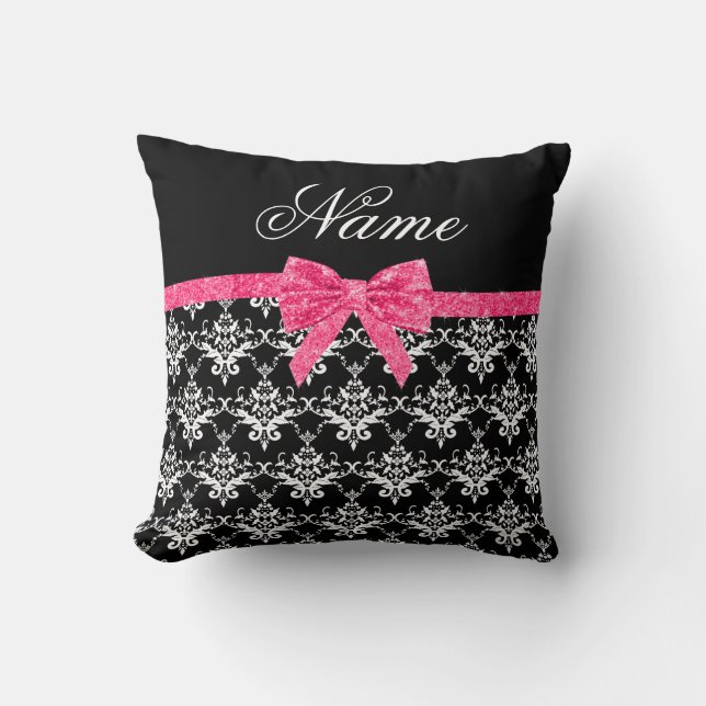 Custom name black white damask pink glitter bow throw pillow (Front)
