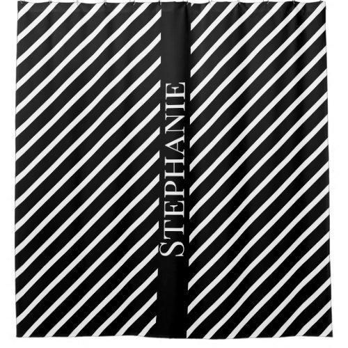 Custom Name Black White Diagonal Stripes Stylish Shower Curtain