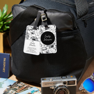 Custom Name Black White Floral Luggage Tag