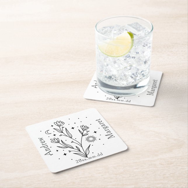 Custom Name Black & White Floral  Square Paper Coaster (Insitu)
