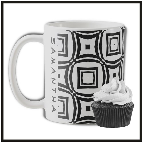 Custom Name Black  White Geometric Pattern  Coffee Mug