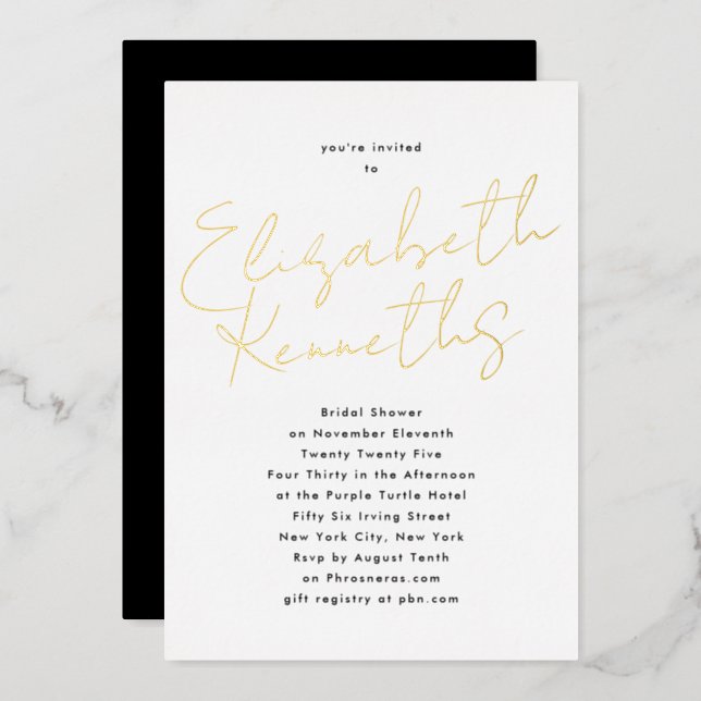 Custom Name Black White GOLD Bridal Shower Foil Invitation (Front/Back)