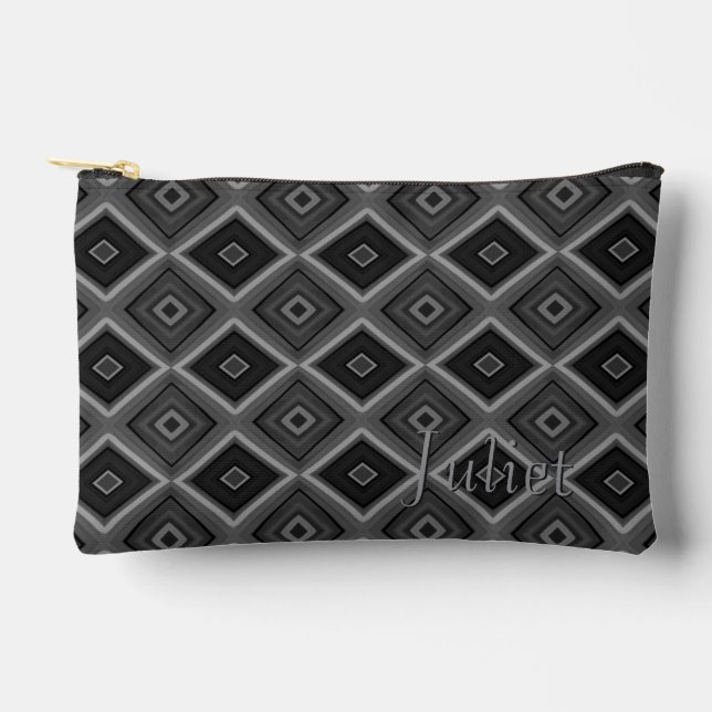 Custom Name Black White Gray Diamond Geometric  Accessory Pouch (Front)