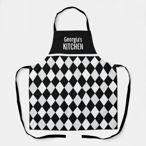 Custom Name Black White Harlequin Diamond Pattern Apron