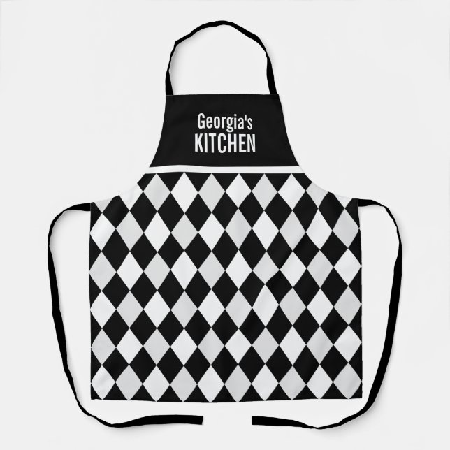 Custom Name Black White Harlequin Diamond Pattern Apron (Front)
