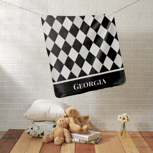 Custom Name Black White Harlequin Diamond Pattern Baby Blanket (In Situ)
