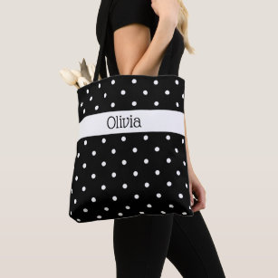 Custom Name Black White Polka Dot Pattern Tote Bag