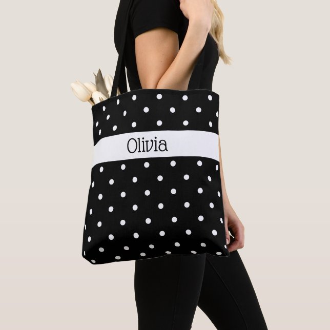 Custom Name Black White Polka Dot Pattern Tote Bag (Close Up)