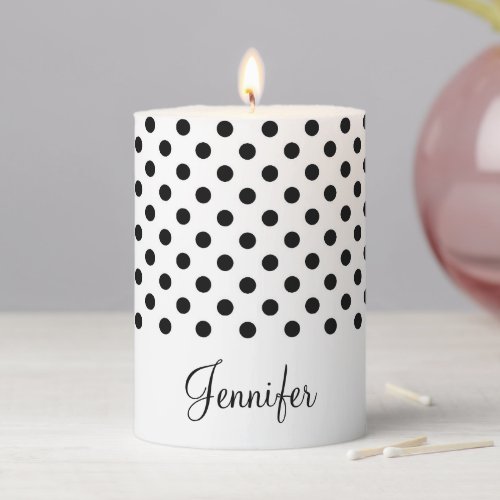 Custom Name Black  White Polka Dots Pattern Pillar Candle