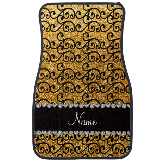 Custom name black yellow glitter swirls car mat (Front)