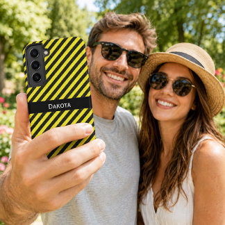 Custom Name Black Yellow Textured Diagonal Stripes Samsung Galaxy S22+ Case