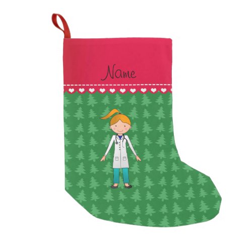 Custom name blonde girl doctor green trees small christmas stocking