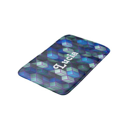 Custom name blue 3D cubes pattern Bath Mat