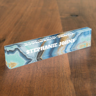 Custom Name Blue Agate Turquoise Gold Monogram Desk Name Plate