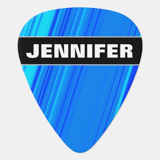 Custom Name + Blue and Cyan Lines Pattern Guitar Pick (Front)