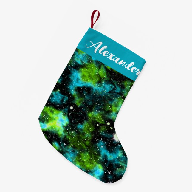 Custom Name Blue and Green Galaxy Cosmic Small Christmas Stocking (Front (Hanging))