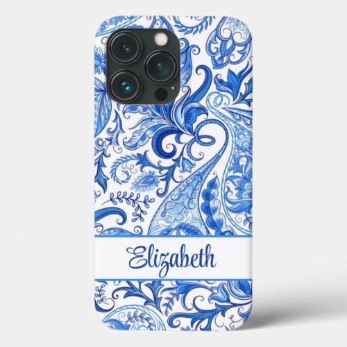 Custom Name Blue and White Paisley iPhone 13 Pro Case