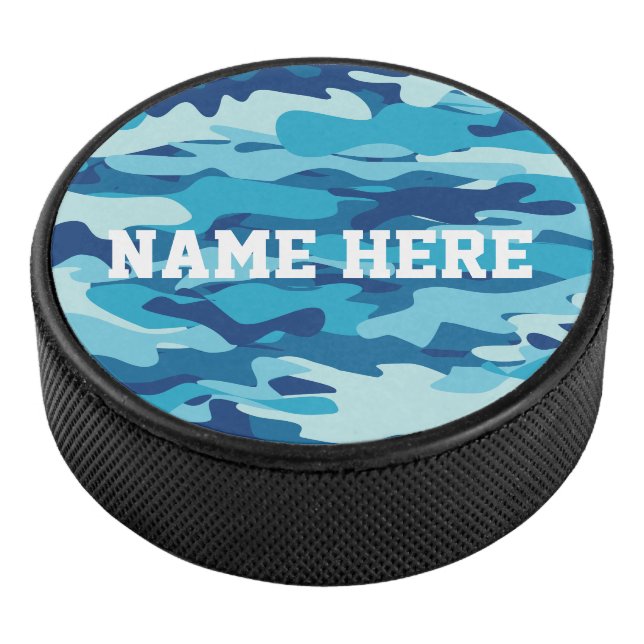 Custom name blue army camo hockey puck gift (3/4)