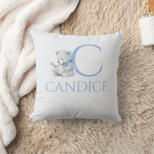 Custom Name Blue bear reading a book Throw Pillow