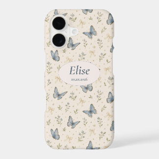 Custom Name Blue Butterfly Bow Vintage Floral Gift iPhone 17 Case