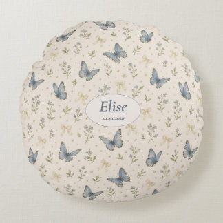 Custom Name Blue Butterfly Bow Vintage Floral Gift Round Pillow