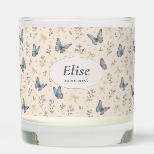Custom Name Blue Butterfly Bow Vintage Floral Gift Scented Candle