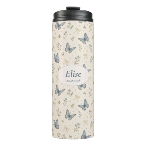Custom Name Blue Butterfly Bow Vintage Floral Gift Thermal Tumbler