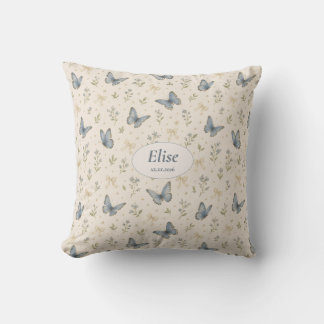 Custom Name Blue Butterfly Bow Vintage Floral Gift Throw Pillow