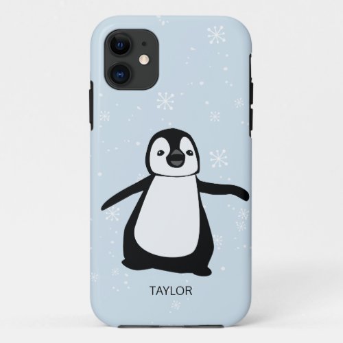 Custom Name blue Cute Penguin Snow iPhone 11 Case