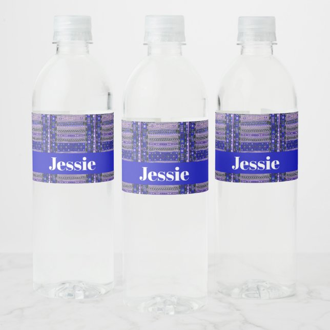 Custom name blue decorative print water bottle label (Bottles)