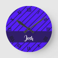 Custom name blue diagonal stripes round clock