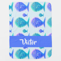 Custom name blue fish baby blanket