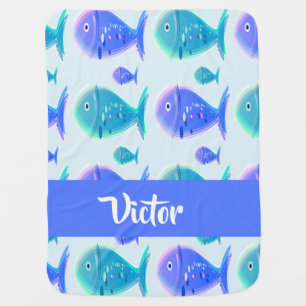 Custom name blue fish baby blanket