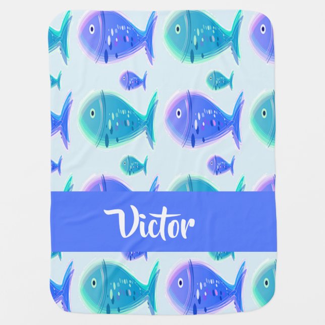 Custom name blue fish baby blanket (Front)