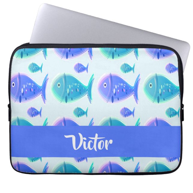 Custom name blue fish laptop sleeve (Front)
